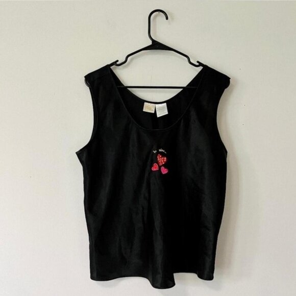 Sophia by delicates Tops - Vintage Black satin tank top Sophia by Delicates with embroidered hearts be mine